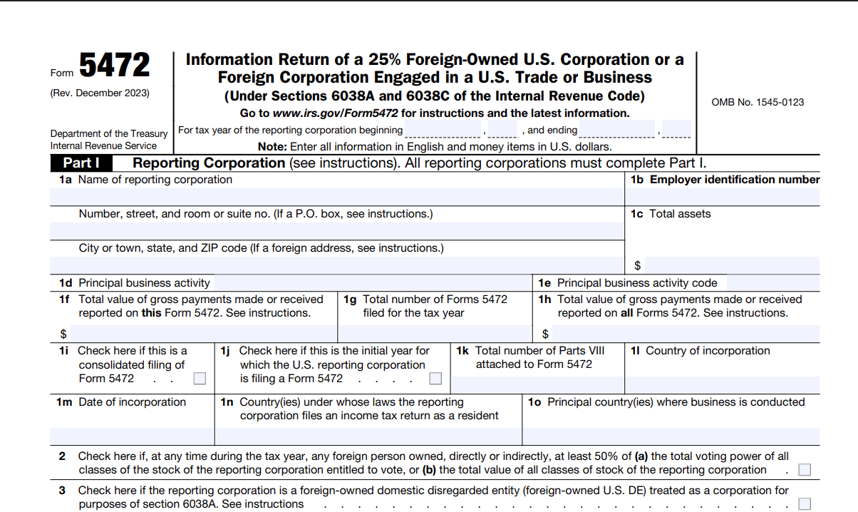 Mẫu form 5472 cho công ty sở hữu quốc tế