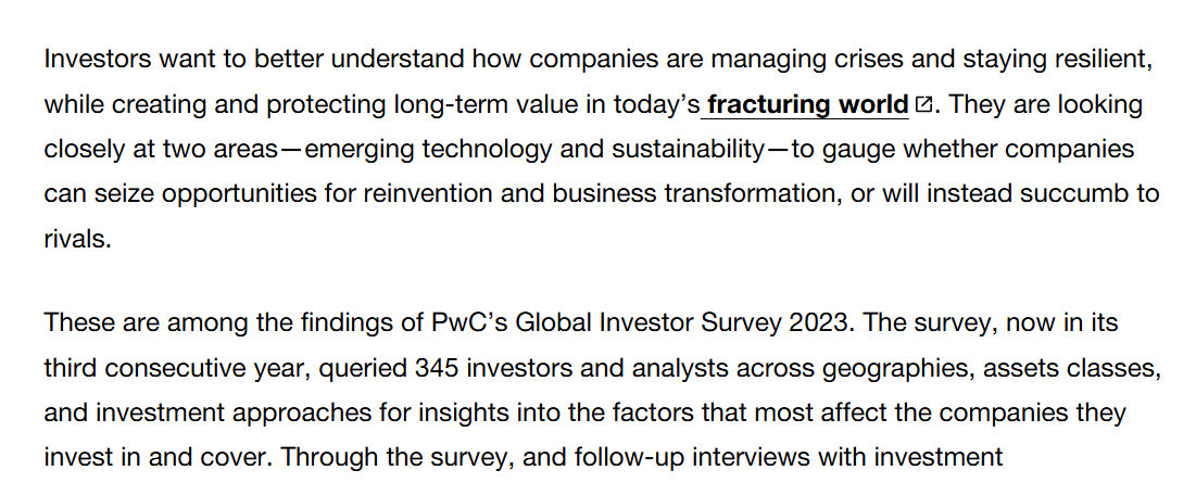 Khảo sát PwC Global Investor Survey 2023 về các yếu tố ảnh hưởng đến quyết định đầu tư